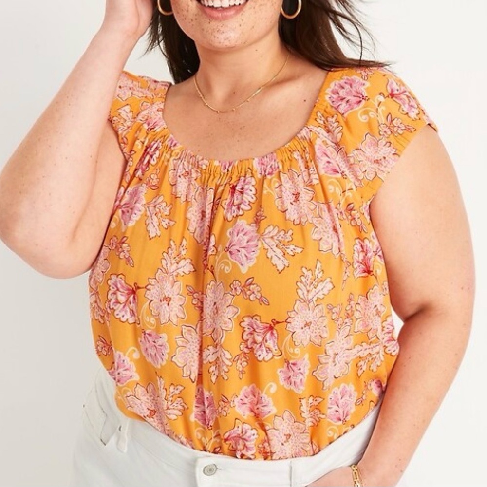 Floral Puff-Sleeve Scoop Neck Top - orange  Pink